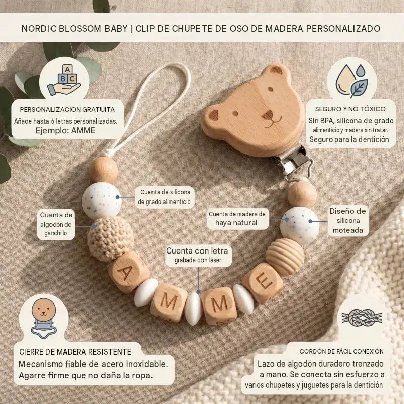 Chupetero Personalizado de Silicona y Madera